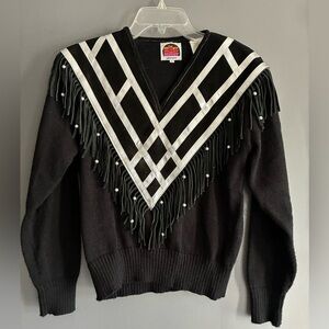 Vintage Miller Outerwear Sweater With Leather & Fringe Design Detail Size Large
